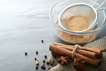 Spices and Burlap Sack on a Slate Background