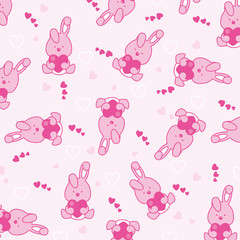 Baby pink background. Funny rabbit with hearts.