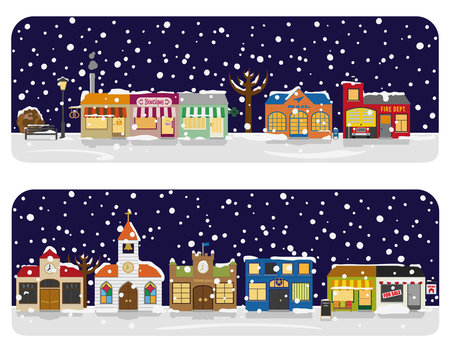 Winter Village Main Street Neighborhood Vector Illustration.Small Town Main Street With Shops, Church And Public Buildings In Winter. All Objects Are Grouped, Text On Separate Layer.