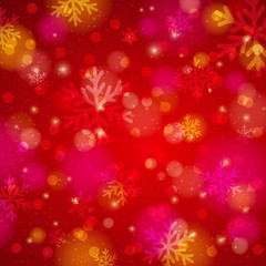 Red background with snowflake and bokeh, vector