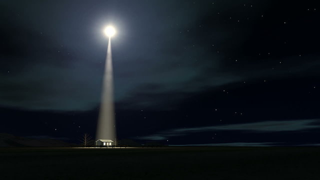 A slow zoom towards a depiction of the nativity scene of christs birth in bethlehem with the isolated run down stable being lit by a bright star
