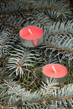 Christmas and New Year's candle on the background spruce, close-up