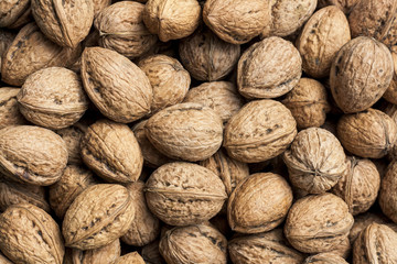 Background from whole ripe walnuts, close up