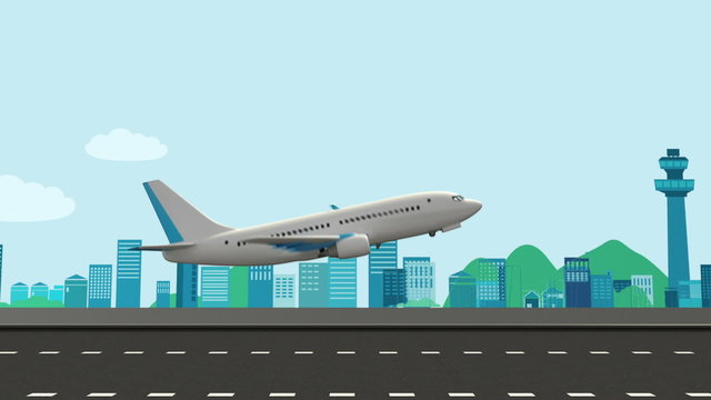 Vector illustration of an airplane take off on a runway with airport in the background