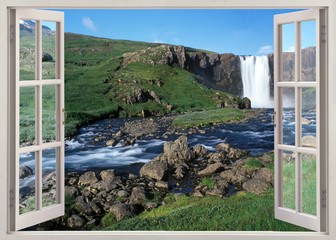 Open window view to huge waterfall and river - 94148757