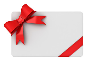 Blank gift card with red ribbons and bow isolated on white background