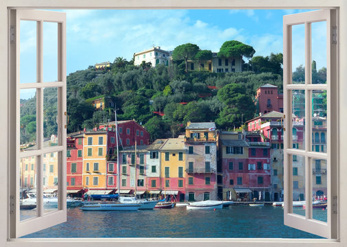 Fototapeta widok okna pióra do starego Portofino, Włochy