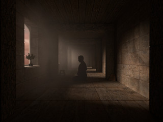 Pray in dark corridor