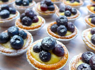 The close view of blueberry tarts in teatime