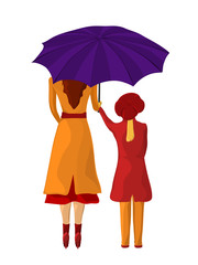 Woman and girl in autumn clothes under an umbrella