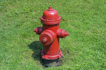 Fototapeta na wymiar Red fire hydrant on a lawn.