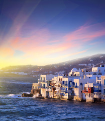 Colorful Little Venice of Mykonos island at  sunset , Greece 