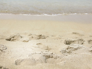 Sandy beach closeup with dry and wet sand near water edge.
