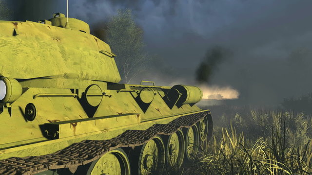 Close up of legendary russian tank T 34, main battle tank time of World War II. Realistic three dimensional animation.