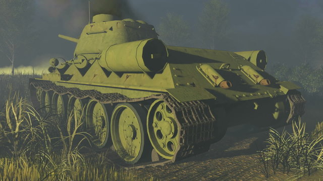 Rear view of the legendary tank T 34, russian main battle tank time of World War II. Realistic three dimensional animation.