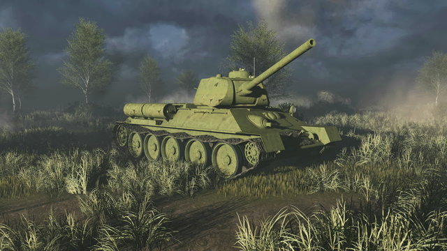 T 34 - Russian main battle tank time of World War II take aim at the camera. Realistic three dimensional animation.