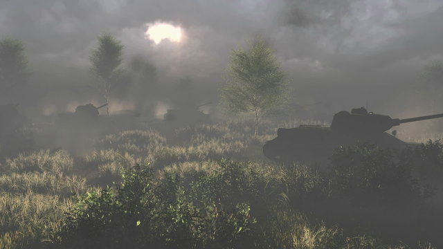 Historical reconstruction of the Second World War time - russian tanks T 34 crosses the battlefield. Realistic three dimensional animation.
