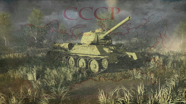 Old russian tank T 34 take aim at the camera on the USSR map background. Realistic three dimensional animation.
