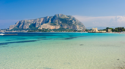 Panoramic view of Mondello shoreline, Sicily, Italy. - 94156103