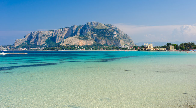 Panoramic view of Mondello shoreline, Sicily, Italy.