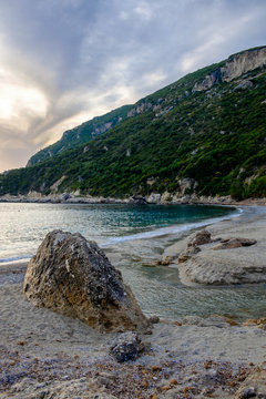 Beautiful Ermones beach at sunset in May, Corfu, Greece.