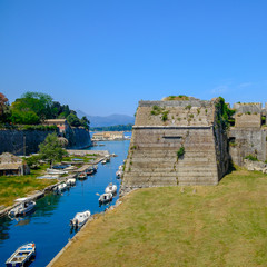 Fototapeta na wymiar Ditch and walls of Corfu Old Fortress, Corfu Island, Greece.