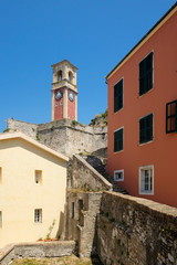Fototapeta premium Old Fortress of Corfu Clock Tower and stairs, Corfu, Greece.