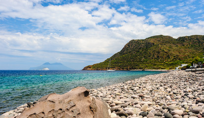 Filicudi pebble beach line, Aeolian islands, Italy.