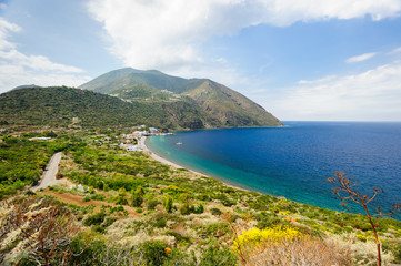 Filicudi shoreline seen from the hilltop, Italy.