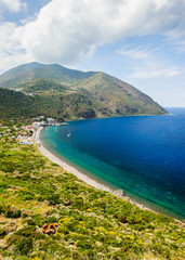 A panoramic view over a hilltop on Filicudi island seashore, Sicily, Italy. - 94156988