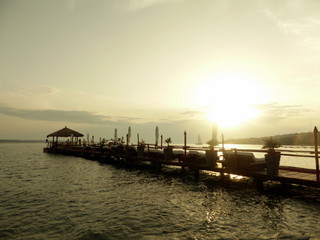 Fototapeta premium View of sunset on the Adriatic seashore in Lucija, Slovenia