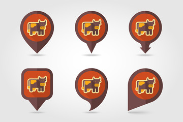 Cow flat mapping pin icon with long shadow