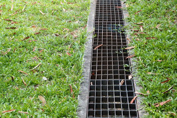 iron grate of water drain in grass garden field