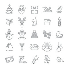 Christmas symbols flat line vector icons set. Winter holiday season conceptual design elements. Kids winter vacation fun and celebration illustrations for website, mobile or computer app, infographics