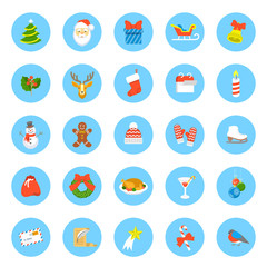 Christmas symbols flat vector round icons set. Winter holiday season conceptual design elements. Kids vacation fun and celebration colorful illustration for website, mobile apps, infographics