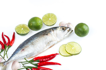 Raw salt mackerel fish with vegetables