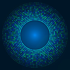 blue abstract background - circles of glowing pixels, concentric circles