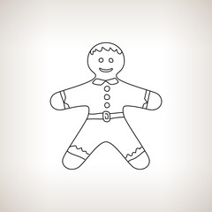Christmas Gingerbread Man , Gingerbread Man on a Light Background , Christmas Decoration, Drawing in the Contours, Black and White Vector Illustration