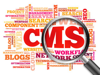 CMS Content Management System word cloud with magnifying glass, concept