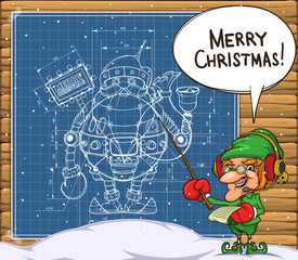 Elf and the scheme of the robot santa on the wall