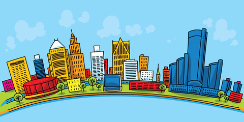 A bright cartoon of the city of Detroit, Michigan, USA.