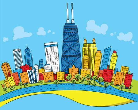 A bright cartoon of the city of Chicago, Illinois, USA.