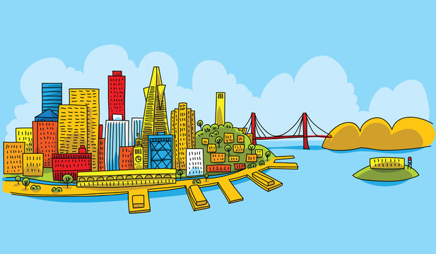 A bright cartoon of the city of San Fransisco, California, USA.