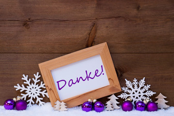 Obraz na płótnie Canvas Purple Christmas Decoration, Snow, Danke Mean Thank You