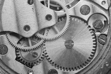 Metal Cogwheels, Black and white Macro Photo.