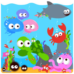 Colorful background with sea animals swimming underwater. Vector illustration