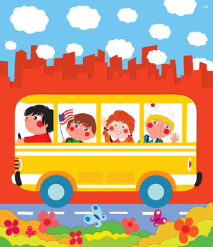 School children in a yellow school bus