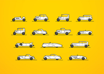 Retro icons set, different silhouette shape cars