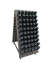 Dark bottles on a wine cellar wooden support isolated over white