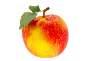 Fototapeta na wymiar one apple with a leaf on a white background